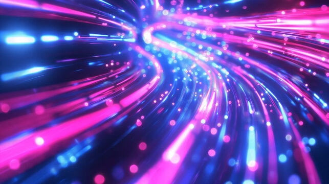 Vibrant blue and pink light streaks rush towards the viewer, giving a sense of hyper-speed motion and energy