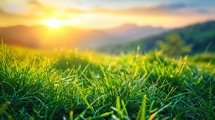 Fresh green grass in the mountains at sunset. Macro 