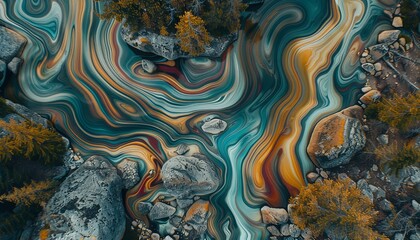 An aerial view of a river flowing through a forest. The water is a vibrant mix of colors, and the rocks and trees are a deep green. The scene is both beautiful and serene. - obrazy, fototapety, plakaty