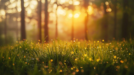 Fresh green grass with morning dew in a summer forest - obrazy, fototapety, plakaty