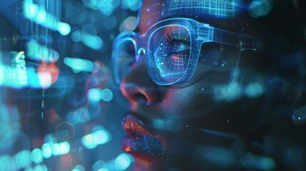 A woman wearing futuristic glasses with a digital display.