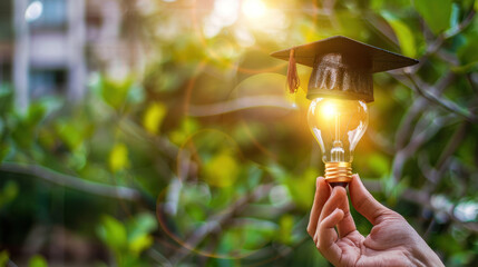 Hand holding light bulb with graduation cap.Concept of graduation.