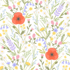 Field flowers pattern. Floral seamless texture with chamomile, poppy, lupin, clover on white background - obrazy, fototapety, plakaty