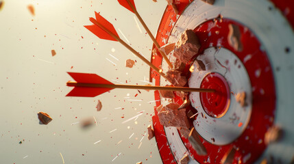 Fototapeta premium An arrow hitting a target and breaking it. Business goals and success concept