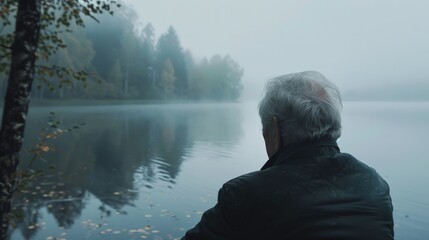 A serene yet haunting scene of an elderly man gazing at a tranquil lake, the water's surface partially clear and partially obscured by fog, reflecting the mixed clarity and confusion of his thoughts.