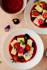 Curd Lazy dumplings with strawberry sauce.top veiw.style hugge
