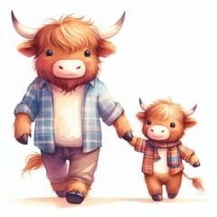 Highland Cow Father and Son  .  Happy Father's Day  Watercolor Clip Art. Greeting Postcard Art Cute Cartoon Character Drawing Illustration. For Dad and kids