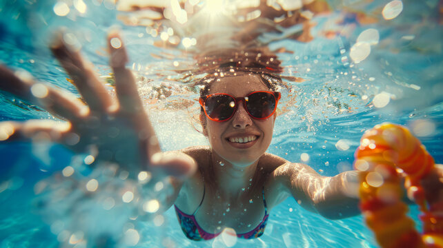 Joyful woman in swimming pool with sunglasses