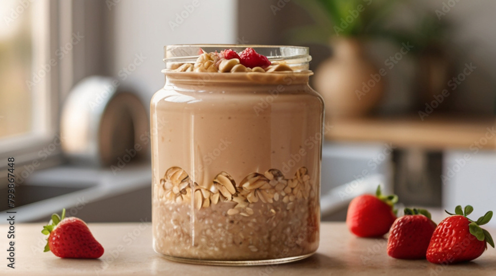 Wall mural Overnight peanut butter oatmeal in a jar