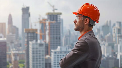 Portrait of a construction worker wearing a mask at a job site on white background with copy space.
