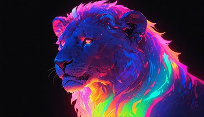 front facing lion colorful neon light glowing statue on plain black background from Generative AI