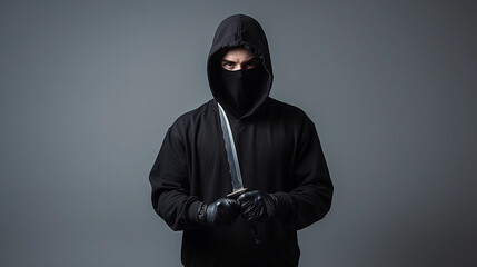 Thief wear black long sleevs and holding knife - Powered by Adobe