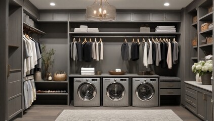 walk in closet and laundry room with staging and stainless appliances deep sink grey cabinets
