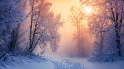Frost-covered trees in winter forest at foggy sunrise.