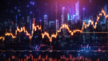A glowing orange and yellow line graph is superimposed over a dark blue and purple cityscape - obrazy, fototapety, plakaty