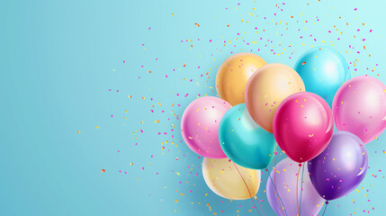 Background with festive realistic balloons with ribbon