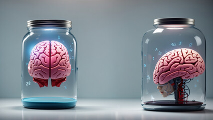 A brain floating in a jar with a blue liquid - obrazy, fototapety, plakaty