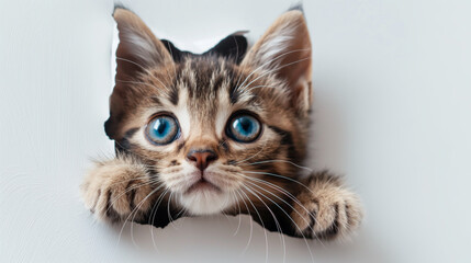 Obraz premium Cute kitten sticking its head out of the hole in white paper background