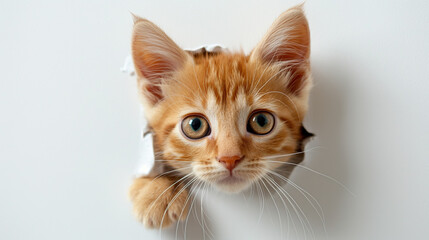 Obraz premium Cute kitten sticking its head out of the hole in white paper background