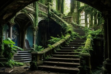 An eerily beautiful depiction of an abandoned movie set, overgrown with nature and steeped in forgotten stories - obrazy, fototapety, plakaty