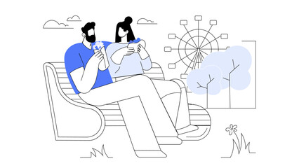 illustration of a couple sitting on a bench and eating street food in an amusement park