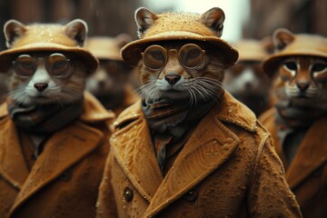 a team of cat-headed figures dressed in business and detective clothing gather, creating a unique and intriguing scene in a cinematic color palette.