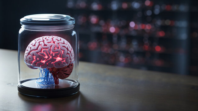 A brain floating in a jar with a blue liquid