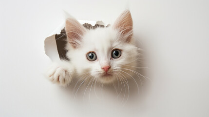 Fototapeta na wymiar Cute kitten sticking its head out of the hole in white paper background