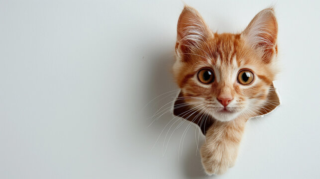 Cute kitten sticking its head out of the hole in white paper background