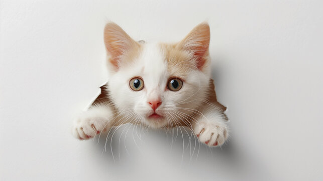 Cute kitten sticking its head out of the hole in white paper background