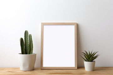 Picture frame on wooden table by potted plant