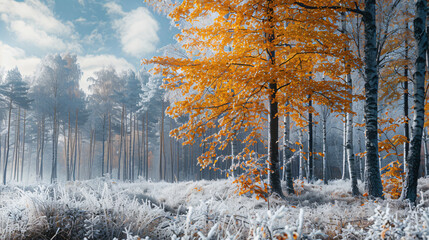Frost-covered trees with yellow leaves in autumn forest