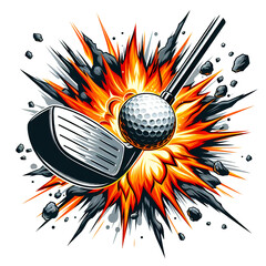 vector style image, golf swing, iron club, golf ball exploding, fire, power, white background PNG