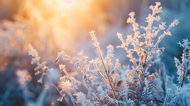 Frosted plants in winter forest at sunrise. Beautiful