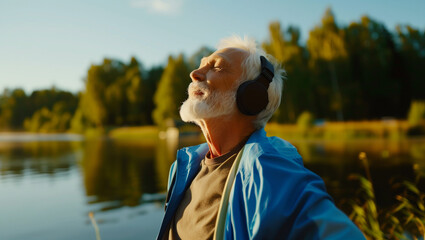Senior listening music while by lake in nature. Elderly man exercising to stay healthy, vital, enjoying physical activity and relaxation outdoors. Generative AI
