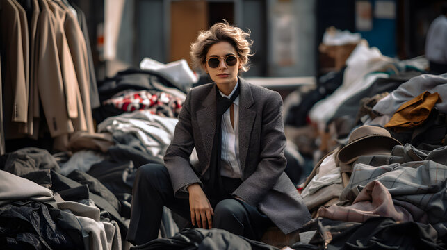 Women setting on clothes landfills, consumerism versus pollution concept.