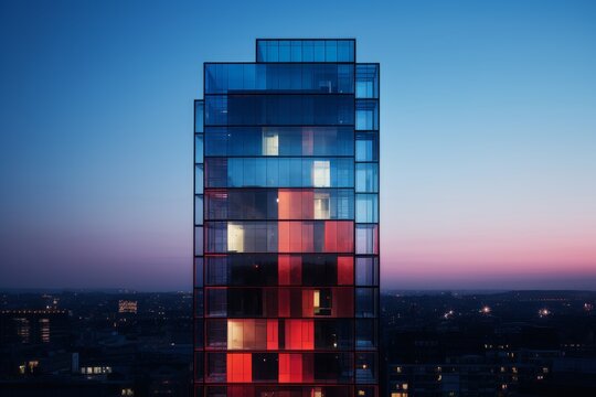A Modern Architectural Marvel: Rectangular Tower with Staggered Glass Sections Reflecting the City's Skyline at Dusk