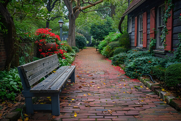 A Red Brick Sidewalk with a Bench and Trees,
Serene Pond with Clay Brick Path

