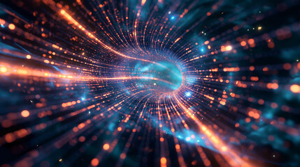 This image showcases a swirling digital vortex in a blue hue, simulating a journey through data or a digital space