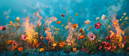 Fototapeta na wymiar Beauty and Destruction: Delicate Flowers Against Flames in a Dynamic Interplay