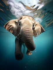 Portrait of elephant swimming underwater water, splashes and bubbles on blue background. Animal dives under the water. Concept for poster, print, wed design, banner. Water drops. 