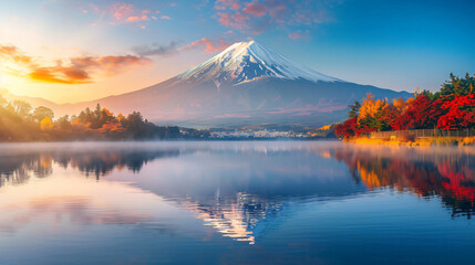 Fuji japan mountain landscape Fujisan mountain reflection - obrazy, fototapety, plakaty