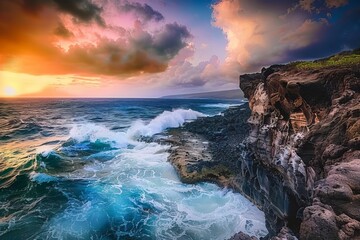 Coastal Cliffside During Golden Hour, With Waves Crashing Against The Rocks Below And The Sky Ablaze With Vibrant Colors, Generative AI - Powered by Adobe