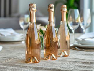 Three bottles of sparkling wine  on table - obrazy, fototapety, plakaty
