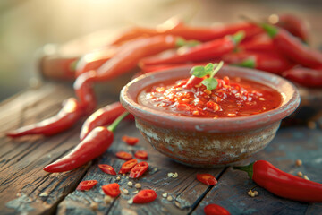 A traditional terracotta bowl filled with vibrant red chili sauce, garnished with fresh herbs and surrounded by raw chili peppers on a rustic wooden background.