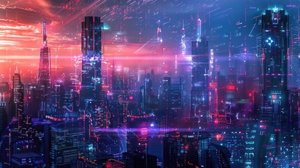 Panoramic urban architecture, cityscape with space and neon light effect background