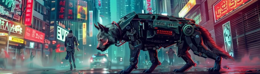 Cyberenhanced dog patrolling a futuristic city street, equipped with surveillance gear and glowing armor