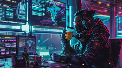 Cyberpunk coffee enthusiast sipping a glowing, neoncolored brew in a hightech mug, surrounded by digital screens - obrazy, fototapety, plakaty