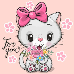 Cartoon White kitty with flowers on a pink background