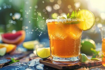 Sparkling iced tea with citrus slices, captured in a moment of effervescent splash